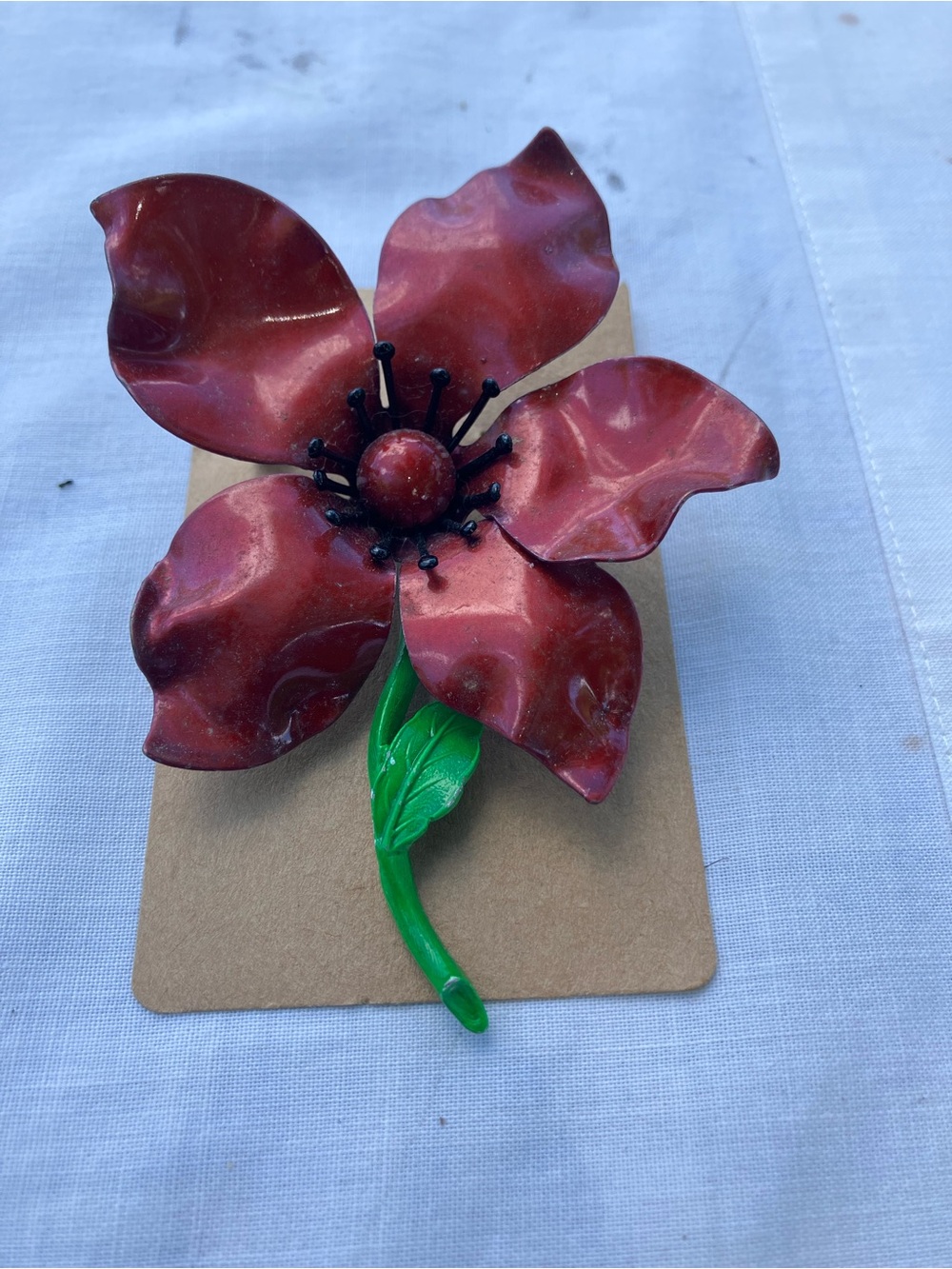Red Metal Flower Brooch with Green Stem